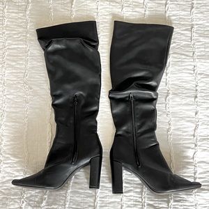 Knee-Height Faux Leather Black Boots with Zipper, US W 7